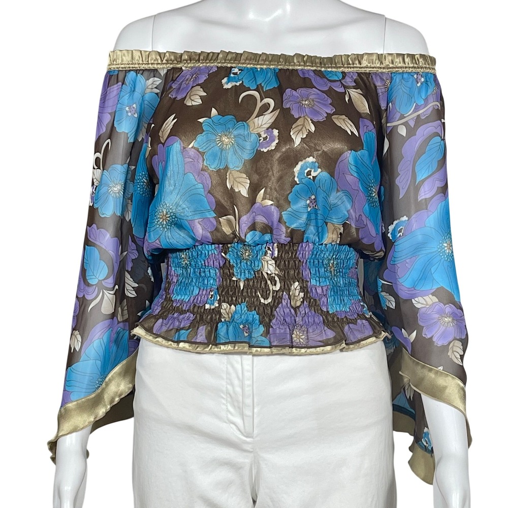 Mary Kate Ashley Floral Off Shoulder Peasant Top Girls L 10 12 Y2K Boho Chiffon